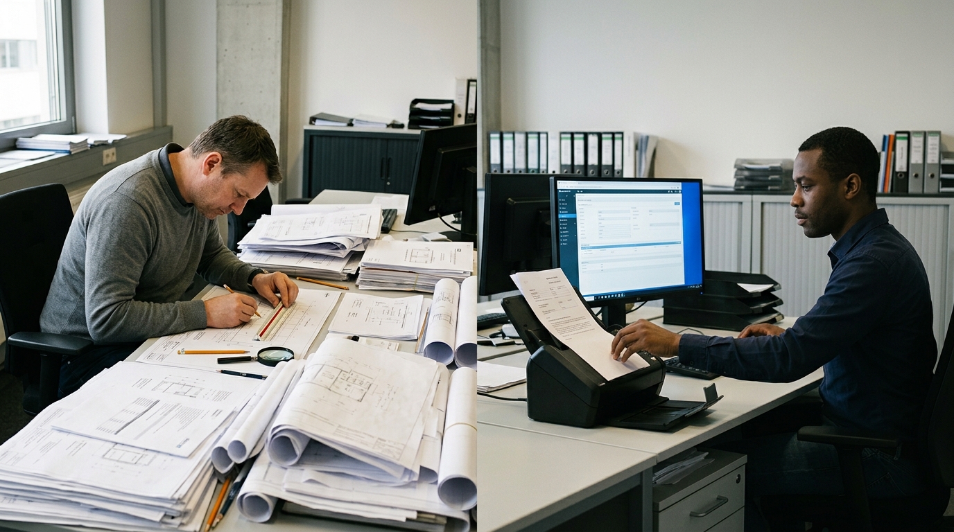 Engenheiro conferindo memorial de cálculo e desenho técnico de projeto sobre uma prancha, com prédio de operação ao fundo.